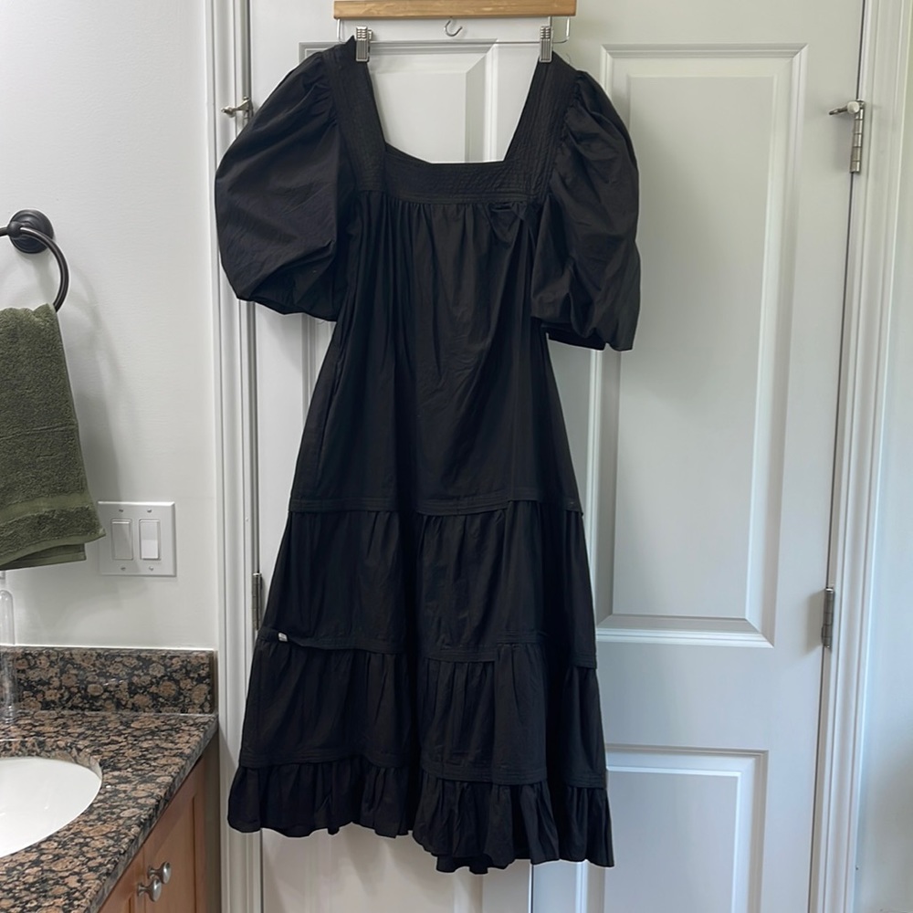 Black puff sleeved midi Anthropology dress